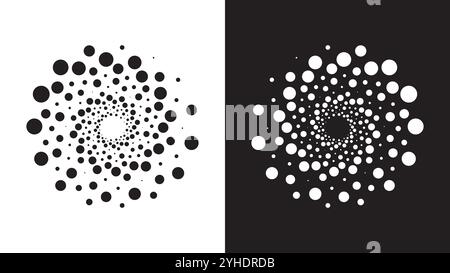 Abstrakte gepunktete geometrische Formen der Spiralform. Optische Illusion in Schwarz-weiß-Halbton, ästhetisches OP-Art-Designelement. Flache Vektorgrafik Stock Vektor