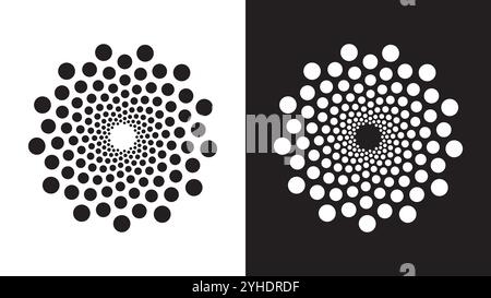 Abstrakte gepunktete geometrische Formen der Spiralform. Optische Illusion in Schwarz-weiß-Halbton, ästhetisches OP-Art-Designelement. Flache Vektorgrafik Stock Vektor