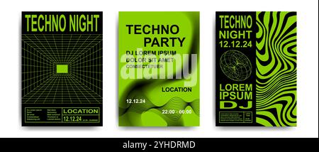 Moderne Poster-Vorlagen für Einladungen zu Techno-Partys mit abstrakten futuristischen Designelementen im Retro-Look und leuchtendem Limettengrün. Stock Vektor