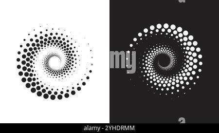 Abstrakte gepunktete geometrische Formen der Spiralform. Optische Illusion in Schwarz-weiß-Halbton, ästhetisches OP-Art-Designelement. Flache Vektorgrafik Stock Vektor