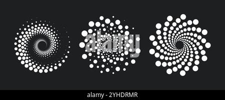 Abstrakte gepunktete geometrische Formen der Spiralform. Optische Illusion in Schwarz-weiß-Halbton, ästhetisches OP-Art-Designelement. Flache Vektorgrafik Stock Vektor