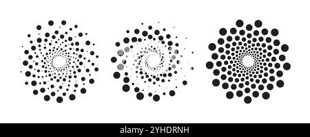 Abstrakte gepunktete geometrische Formen der Spiralform. Optische Illusion in Schwarz-weiß-Halbton, ästhetisches OP-Art-Designelement. Flache Vektorgrafik Stock Vektor