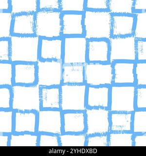 Vektormuster mit Karomuster. Nahtloser blauer und weißer Pinselstrich im Hintergrund. Kariertes Muster mit Distress-Struktur. Gemalter Schottenschmuck für Kinder. Ch Stock Vektor
