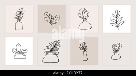 Linienblatt. Tropenpalme, abstrakte Pflanzenkunst des sommerlichen Naturbaums. Kritzelmonstera, minimales Logo. Einfacher Druck, kontinuierliches handgezeichnetes Bild, Stock Vektor