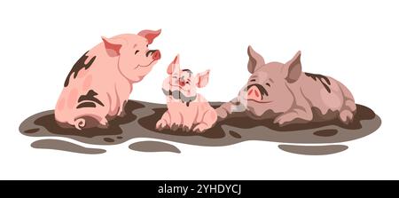 Schwein. Karikaturtier, rosa Ferkel mit Eltern auf dem Bauernhof im Schlamm, verspieltes Kind, das die Natur genießt. Lustige Schweinefleischfiguren in lebendiger Outdoor-Szene. Viehbestand p Stock Vektor
