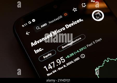 November 2024, Brasilien. In dieser Abbildung wird der Börsenmarkt für Advanced Micro Devices (AMD) auf einem Smartphone-Bildschirm angezeigt. Stockfoto