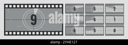 Countdown-Rahmen eingestellt. Alter Filmtimer-Zähler im Filmstreifen-Rahmen. Retro-Kino-Countdown-Hintergründe mit Grunge-Textur. Vektorabbildung Stock Vektor