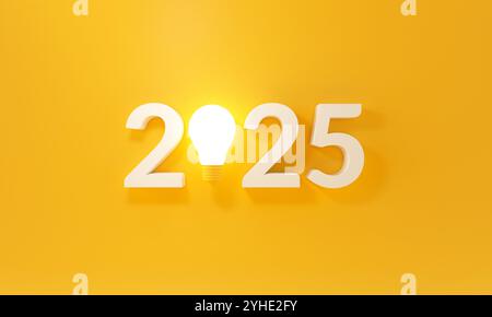 Minimalistisches 2025-Design mit einer leuchtenden Glühbirne als Null vor einem leuchtenden gelben Hintergrund. Ideal für Themen wie Innovation, Zukunft, Stockfoto