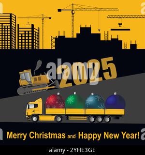 Weihnachtskarte. Der Planierschild schiebt die Nummern des neuen 2025. Truck mit Weihnachtsdekoration. Stock Vektor