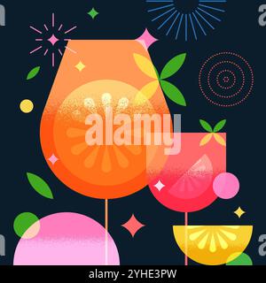 Barbanner, Poster mit geometrischem, farbenfrohem Design mit aperol Spritz Cocktails und Orangen. Nachtparty Vektor flache Illustration. Alkoholisch, alkoholfrei Stock Vektor
