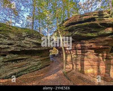 Schmaler Durchgang durch die Sandsteinfelsen auf dem Felsenweg im Dahnerfelsenland im Pfälzerwald Stockfoto