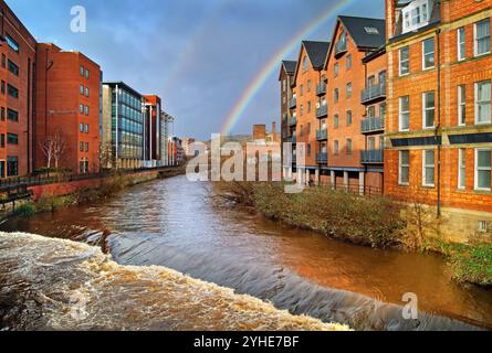 Großbritannien, South Yorkshire, Sheffield, River Don, Wicker Weir von Lady's Bridge mit Irwin Mitchell, UKBA Building und Riverside Apartments. Stockfoto