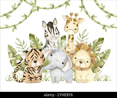 Handgezeichnete Safari Aquarellillustration mit Baby-Elefant, Löwe, Tiger, Zebra, Giraffe und Dschungel für Kinder Stock Vektor