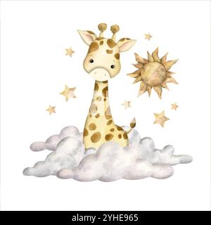 Handgezeichnete Safari Aquarellillustration mit Babygiraffe, Wolken, Sonne und Sternen für Kinder Stock Vektor