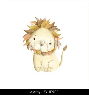 Safari watercolor hand-drawn illustration with baby lion for kids Stock Vektor