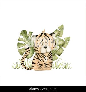 Handgezeichnete Safari Aquarellillustration mit Baby-Tiger und tropischen Blättern für Kinder Stock Vektor