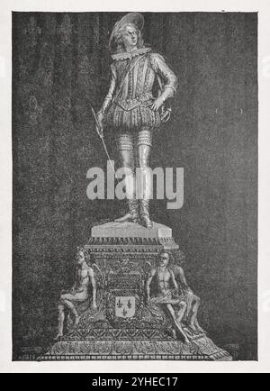 Kupferstich nach einer Zeichnung von M. E. Garnier, die die silberne Statue von Ludwig XIII. Darstellt, die Francois Rude im 19. Jahrhundert schuf. Stockfoto