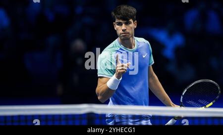 Turin, Italien. 11. November 2024. Carlos Alcaraz aus Spanien feiert während seines Runden-robin-Einzelspiels gegen Casper Ruud aus Norwegen am zweiten Tag des Nitto ATP Finals. Casper Ruud gewann das Spiel mit 6:1, 7:5. Quelle: Nicolò Campo/Alamy Live News Stockfoto