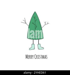 Weihnachtsbaum. Einfache, minimalistische grüne Kiefer für die Winterferien Grußkarten, Banner, Poster. Illustration des Kritzelvektors. Stock Vektor