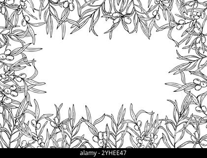 Sanddornkranz Hand gezeichneter Vektor isolierte Illustration gemalt von schwarzen Tinten. Saftige Herbstbeeren auf Zweig mit rundem Rahmen. Stock Vektor