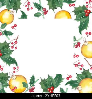 Weihnachtsrahmen aus stechpalme, Weihnachtsbaumschmuck, gelbe Kugeln, rote Beeren. Alle Objekte sind handbemalt und mit Aquarellen bedruckt Stockfoto