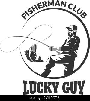 Fisherman Club Emblem. Fischer mit Rute und gefangenem Fisch isolierte Vektor-Illustration Stock Vektor