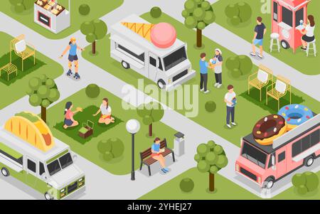 Isometrisches Streetfood-Festival. City Park Lage mit Menschen und verschiedenen Küchen Trucks und Theken. Menschliches Walking Essen liest makellose Vektoren Stock Vektor