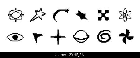 Retro-Pixel-Symbole mit Y2K-Pfeilen und digitalen Partikeln Stock Vektor