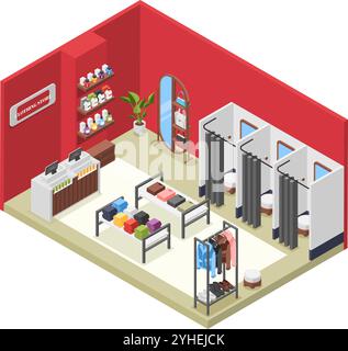 Innenraum eines isometrischen Modegeschäfts. Ständer mit Accessoires, Taschen, Schuhen und verschiedenen Kleidungsstücken. Ladenmöbel, Garderobe und Kassenschalter, makellos Stock Vektor