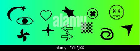 Schwarze Pixel-Galaxien-Symbole mit Retro-Funkeln und Wellen. Stock Vektor