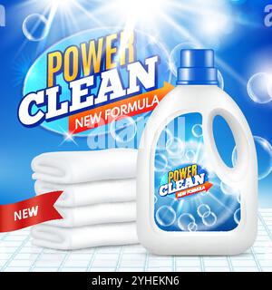 Waschpulver. Flasche mit Flüssigwaschmittel neue Formel. Realistisches Werbeplakat Stock Vektor