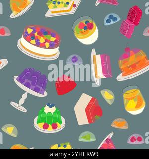 Dessertmuster. Jelly Delicious Cakes und Candy. Nahtloser Vektor-Hintergrund Stock Vektor