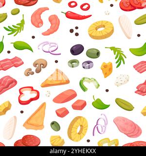 Muster für Pizza-Zutaten. Fleischgemüse Käsesorten für die Zubereitung frischer italienischer Pizza aus natürlichen Produkten. Nahtloser Vektor-Hintergrund Stock Vektor