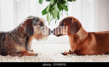 Zwei süße, drahthaarige Mini-Dachshund, Wursthunde unter der Mistel, die einen süßen Moment teilen, küssen auf der Nase auf einer weißen flauschigen Decke, in einer modernen Stockfoto