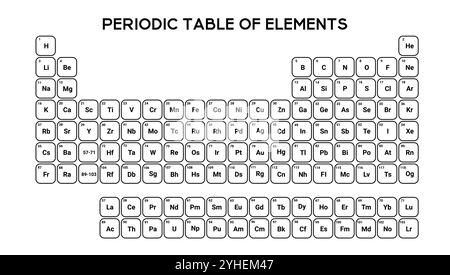 Schwarzes Periodensystem für Bildungs- und Laborzwecke. Stock Vektor