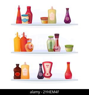 Soße in Flaschen. Flüssige Würze zu köstlichen Zutaten aus Tomaten-Mayo-Produkten, die in Regalen stehen Stock Vektor