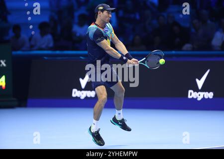 Turin, Italien. November 2024. Matthew Ebden aus Australien im Doppel-Spiel der Runde Robin zwischen Simone Bolelli aus Italien und Andrea Vavassori aus Italien gegen Rohan Bopanna aus Indien und Matthew Ebden aus Australien am zweiten Tag des Nitto ATP World Tour Finals. Quelle: Marco Canoniero/Alamy Live News Stockfoto