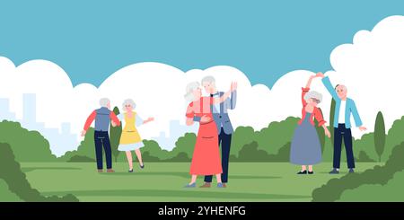 Ältere Charaktere tanzen im Stadtpark. Tanzworkshop für alte Menschen. Männer tanzen mit Frauen, Outdoor-Unterhaltung und Erholung, Vektorszene Stock Vektor