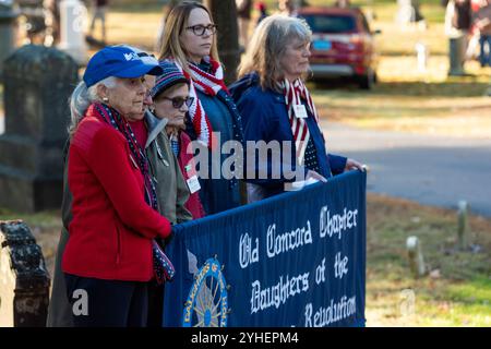 Concord und die lokalen Gemeinden kommen zu einer Feier zum Veterans Day auf dem Sleepy Hollow Cemetery zusammen, um all unsere Veteranen zu ehren. Stockfoto