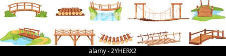Cartoon Holzbrücken. Holz hängende Seilbrücke, Fluss überqueren Brücke Weg Verbindung Brücke Brücke Brücke Brücke Brücke Brücke rustikalen Weg Weg Weg Weg verbinden Spiel pirs Wharf, Set saubere Vektor Illustration Original Kunstwerk Stock Vektor