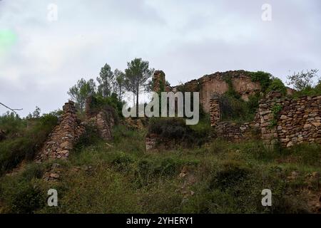 Jinquer, Castellon, Spanien. Häuser in Ruinen eines verlassenen Dorfes in der Mitte der Vegetation.Berg, Gruppe von Häusern. Straßen, Spanischen Bürgerkrieg Stockfoto