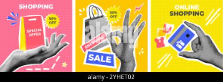Halbton-Einkaufskarten. Verkauf Plakate Retro Collage Vorlage, Online-Shop Discount Shop Sonderangebot Marketing Social Media Promotion Grunge Vintage exakte Vektor Illustration Original Artwork Stock Vektor