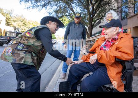 Austin, Tx, USA. November 2024. Der Veteran SABINO RUBIO begrüßt den Veteranen GEORGE MCCOY aus Austin während der jährlichen Veteran's Day-Parade auf der Main Street Congress Avenue in Texas am 11. November 2024. (Kreditbild: © Bob Daemmrich/ZUMA Press Wire) NUR REDAKTIONELLE VERWENDUNG! Nicht für kommerzielle ZWECKE! Quelle: ZUMA Press, Inc./Alamy Live News Stockfoto