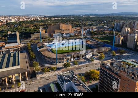 Aus der Vogelperspektive des Stadions La Romareda, derzeit renoviert, Saragossa, Spanien Stockfoto