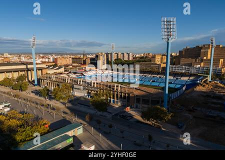 Aus der Vogelperspektive des Stadions La Romareda, derzeit renoviert, Saragossa, Spanien Stockfoto