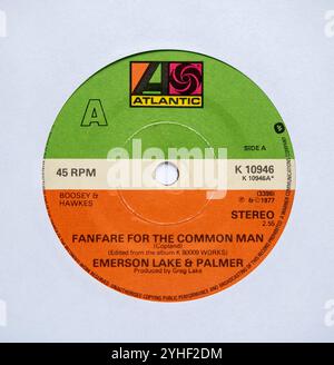 Center-Label der Sieben-Inch-Single-Version von Fanfare for the Common man von Emerson Lake and Palmer, die 1977 veröffentlicht wurde Stockfoto