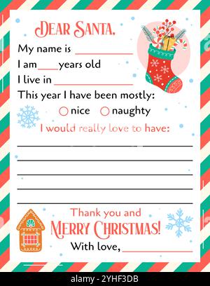 Vorlagenvektor Brief an Santa. US Letter Format. Sehr geehrter Weihnachtsmann, druckbare Seite. Kinder Weihnachten Wunschliste blank isoliert. Geschenkliste für Kinder Stock Vektor