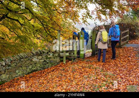 Eine Gruppe älterer, pensionierter U3A-Walking-Gruppen, die im Herbst durch die Landschaft von Cheshire in der Nähe von Bollington spazieren gehen Stockfoto