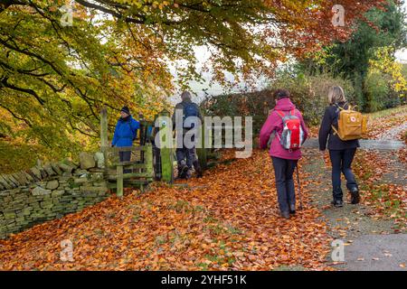 Eine Gruppe älterer, pensionierter U3A-Walking-Gruppen, die im Herbst durch die Landschaft von Cheshire in der Nähe von Bollington spazieren gehen Stockfoto