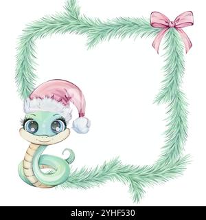 Grüne Schlange in rotem Weihnachtsmann-Hut mit Baumzweig und rosa Schleife. Aquarellrahmen im Cartoon-Stil, isoliert. Anordnung der Etiketten. Niedliche Illustration Stock Vektor